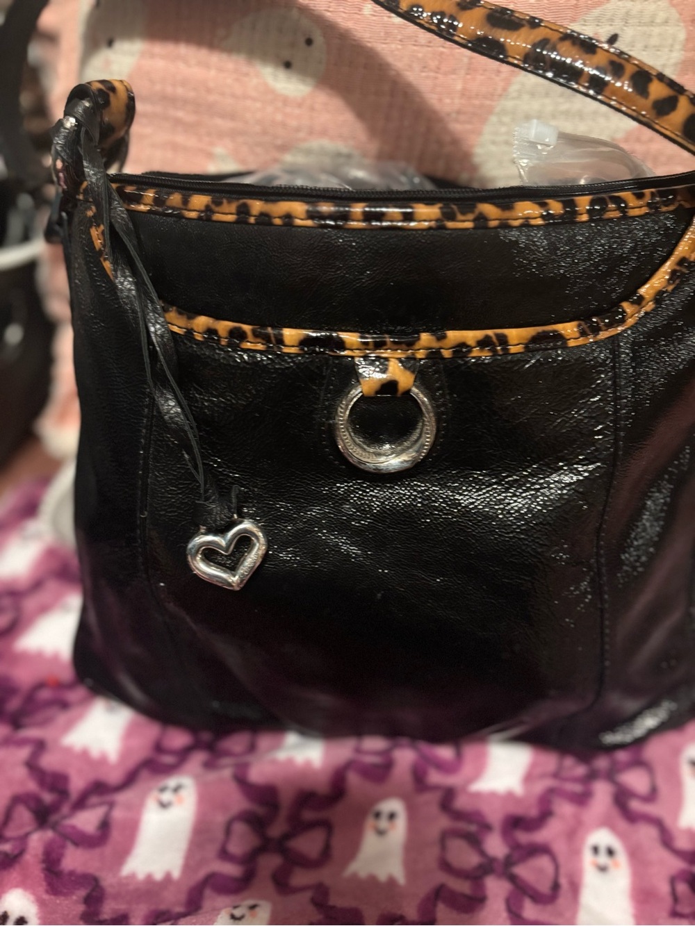 Brighton Black Shoulder Bag with Leopard Trim and Heart Charm